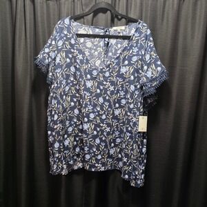 Angels Forever Young Navy Blue Floral Flutter Sleeve Blouse Plus Size 3X NWT